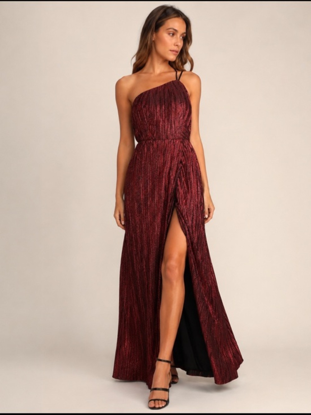 New Lulus Burgundy One Shoulder Metallic Pleated Maxi Dress Size S